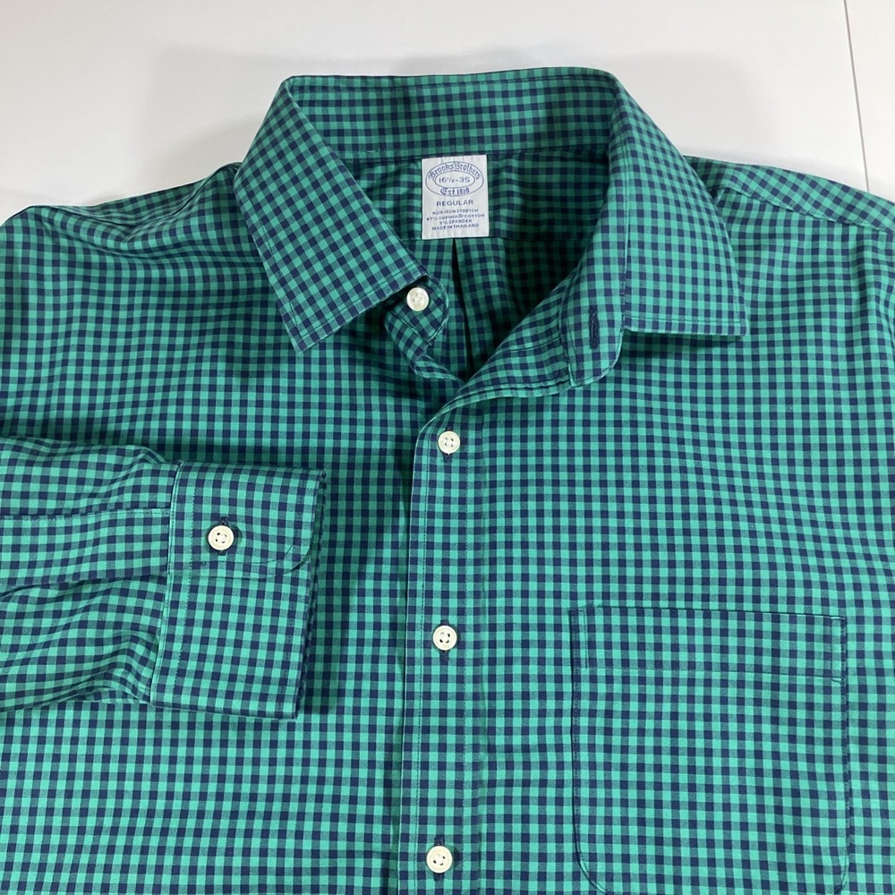 Brooks Brothers Regular Fit 16 1/2-35 Green Blue Gingham Non-Iron Supima Shirt